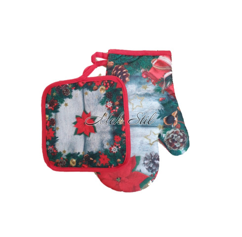 Комплект коледен текстил ръкавица с ръкохватка - Коледни шишарки